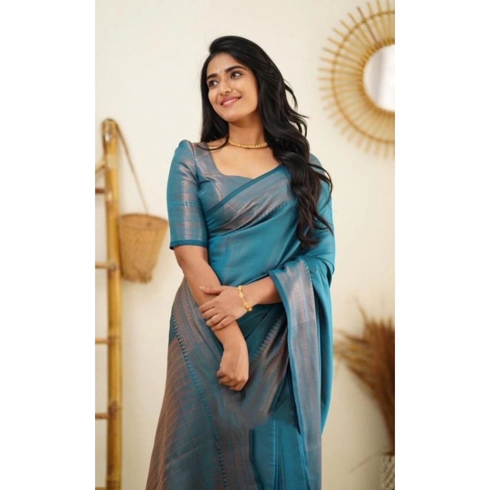 generic women's litchi silk printed saree with unstitched blouse (rama blue) generic women's litchi silk printed saree with unstitched blouse (rama blue)