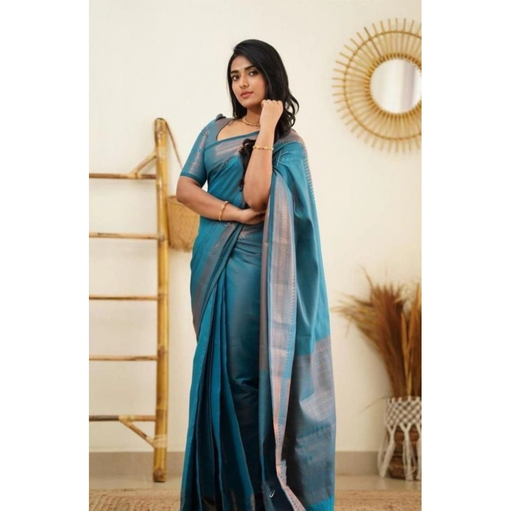 generic women's litchi silk printed saree with unstitched blouse (rama blue) generic women's litchi silk printed saree with unstitched blouse (rama blue)