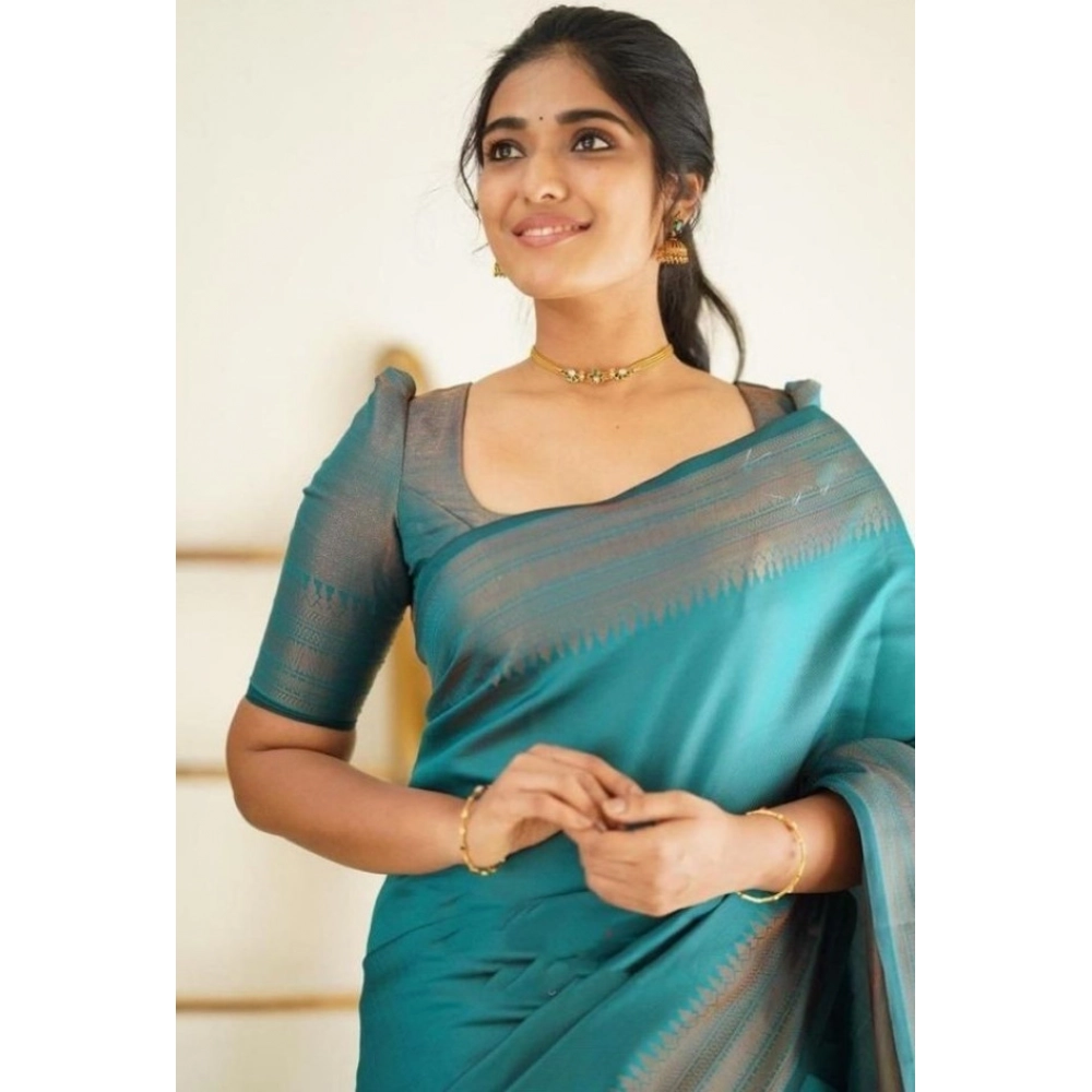 generic women's litchi silk printed saree with unstitched blouse (rama blue) generic women's litchi silk printed saree with unstitched blouse (rama blue)