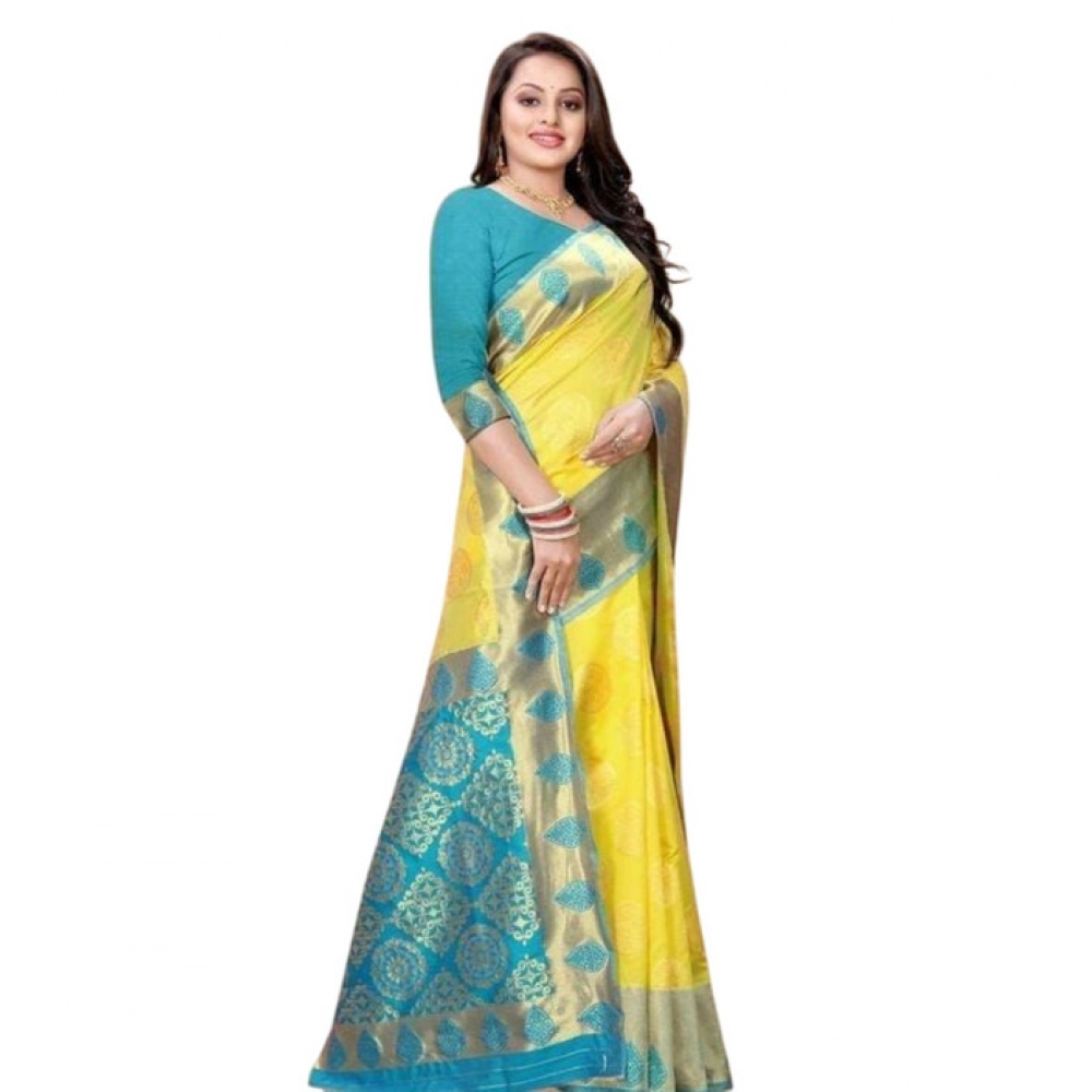 generic women's litchi silk printed saree with unstitched blouse (yellow) generic women's litchi silk printed saree with unstitched blouse (yellow)