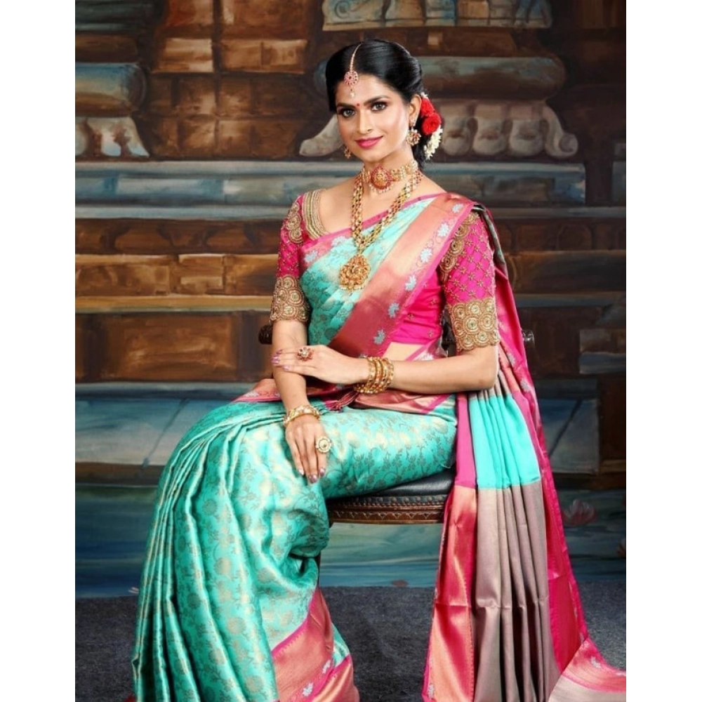 generic women's litchi silk printed saree with unstitched blouse (turquise blue) generic women's litchi silk printed saree with unstitched blouse (turquise blue)