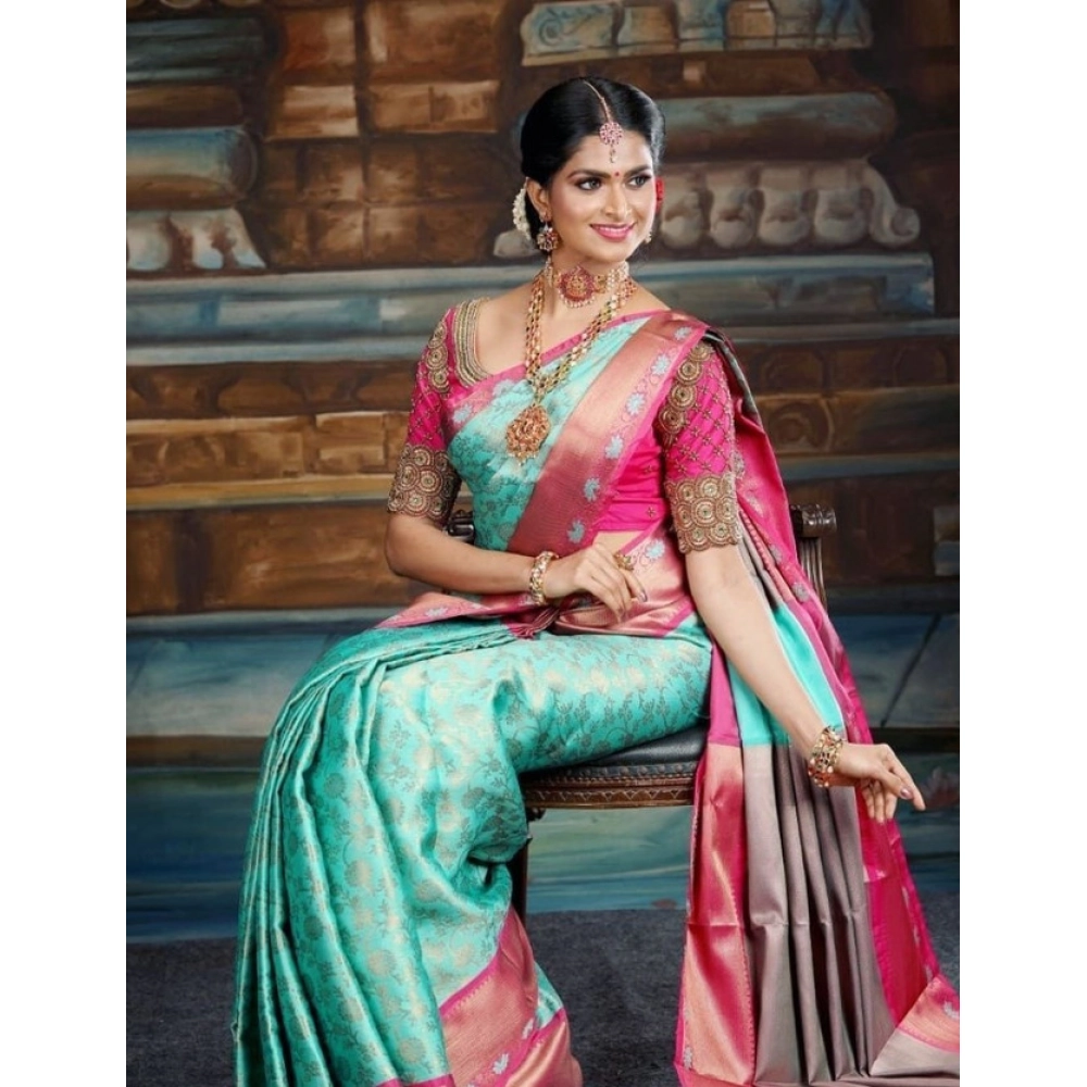 generic women's litchi silk printed saree with unstitched blouse (turquise blue) generic women's litchi silk printed saree with unstitched blouse (turquise blue)