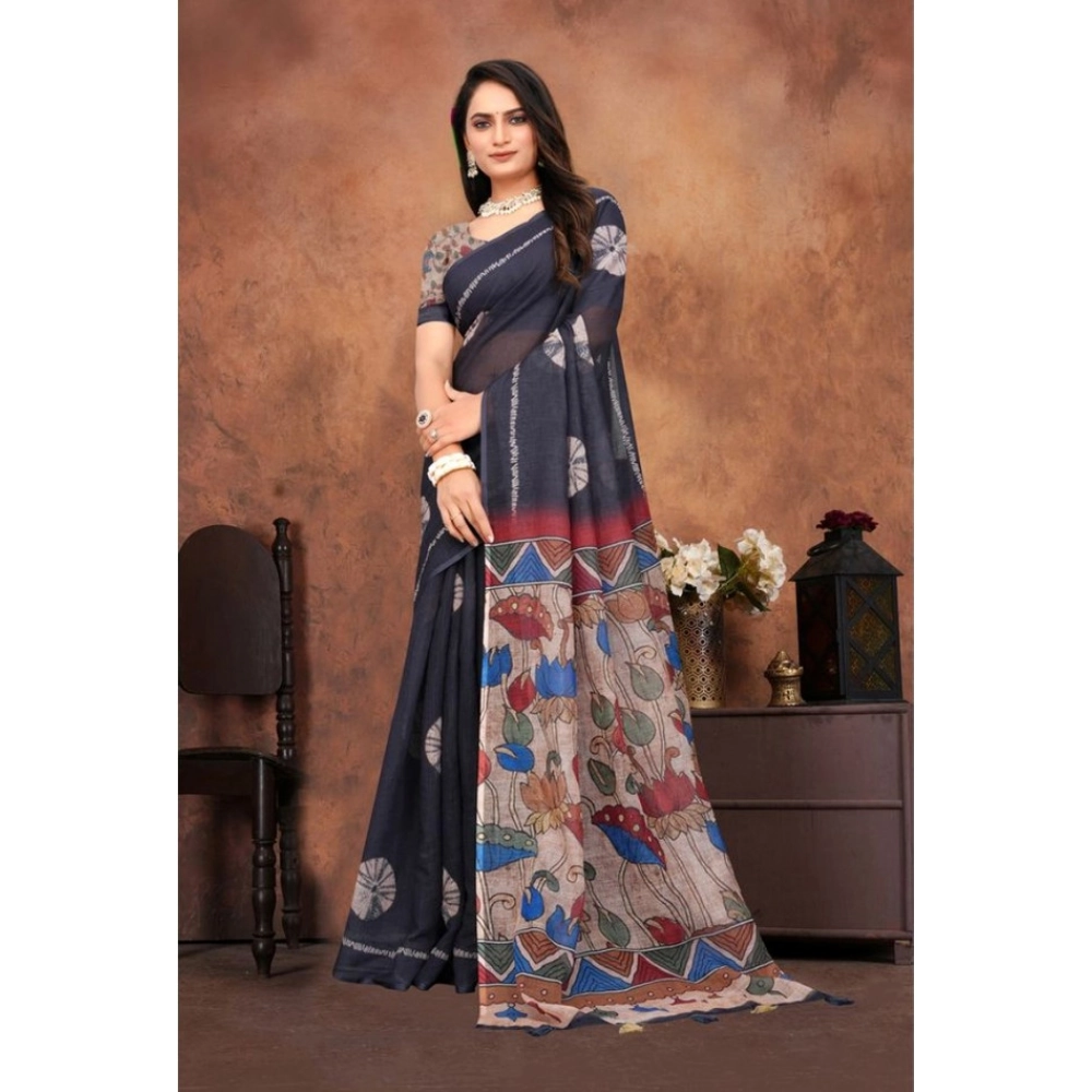 generic women's linen printed saree with unstitched blouse 5.5mtr (black) generic women's linen printed saree with unstitched blouse 5.5mtr (black)