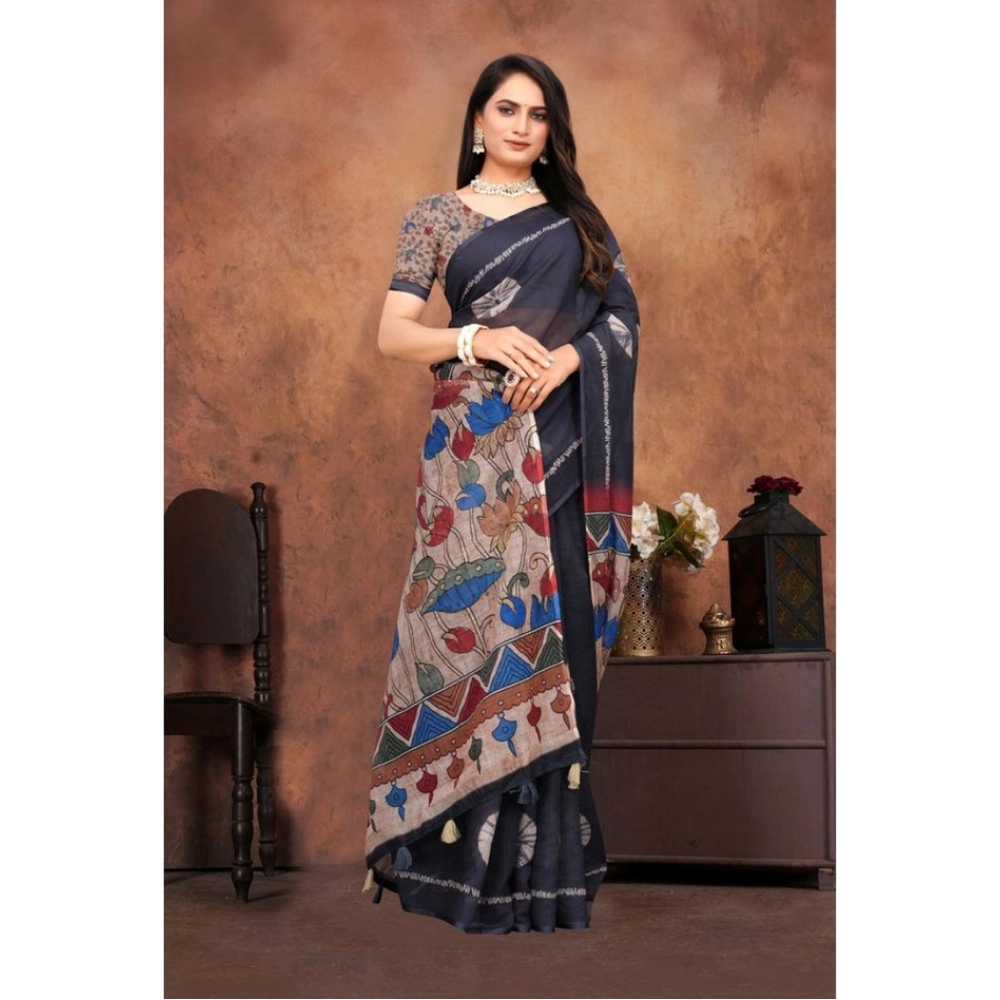 generic women's linen printed saree with unstitched blouse 5.5mtr (black) generic women's linen printed saree with unstitched blouse 5.5mtr (black)
