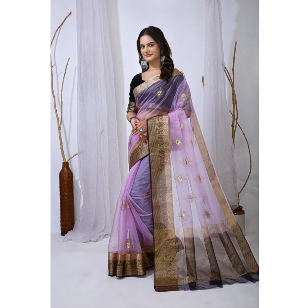 generic women's organza jacquard embellished saree with unstitched blouse 5.5mtr (purple) generic women's organza jacquard embellished saree with unstitched blouse 5.5mtr (purple)
