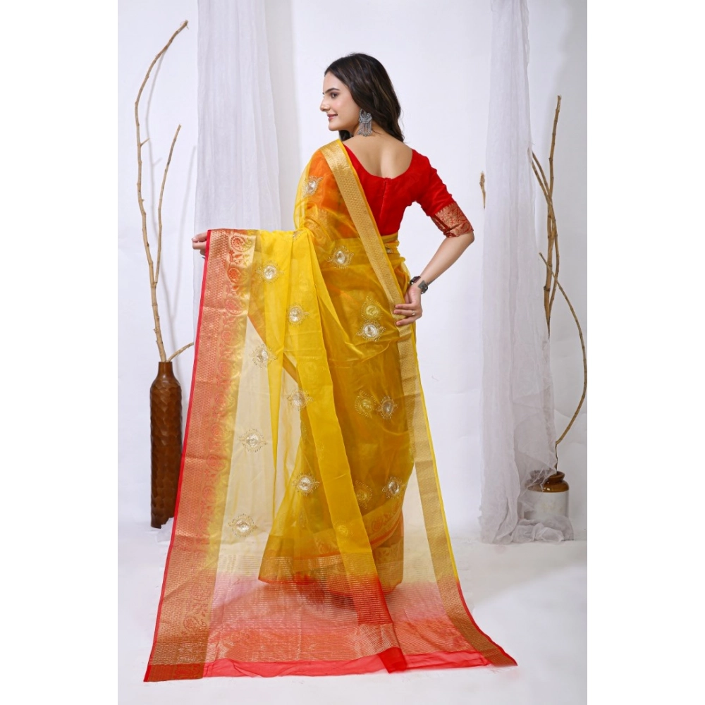generic women's organza jacquard embellished saree with unstitched blouse 5.5mtr (yellow) generic women's organza jacquard embellished saree with unstitched blouse 5.5mtr (yellow)