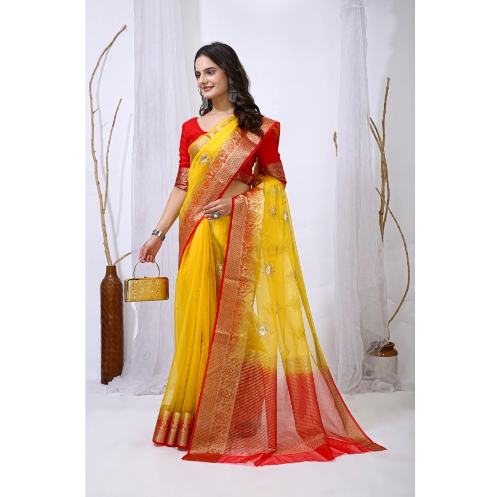 generic women's organza jacquard embellished saree with unstitched blouse 5.5mtr (yellow) generic women's organza jacquard embellished saree with unstitched blouse 5.5mtr (yellow)