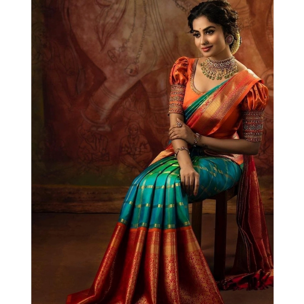 generic women's soft lichi silk printed saree with unstitched blouse 5.5mtr (green) generic women's soft lichi silk printed saree with unstitched blouse 5.5mtr (green)