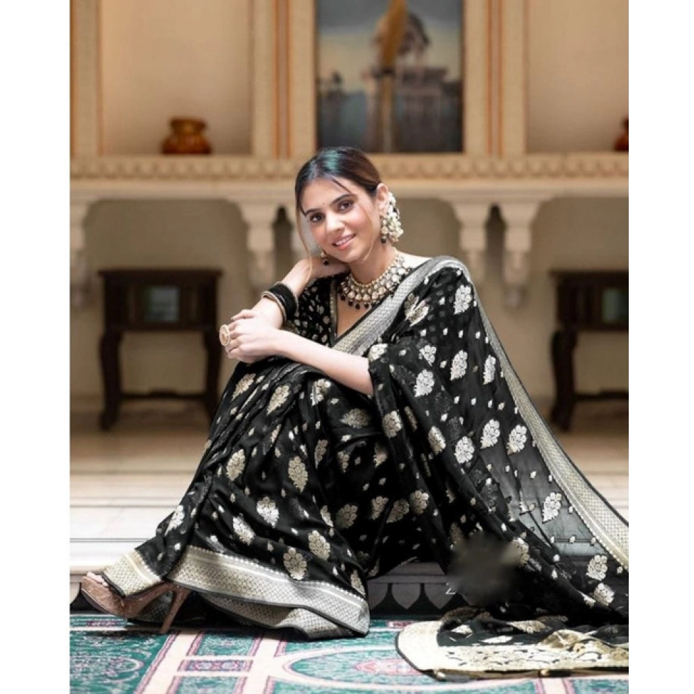 generic women's soft lichi silk printed saree with unstitched blouse 5.5mtr (black) generic women's soft lichi silk printed saree with unstitched blouse 5.5mtr (black)