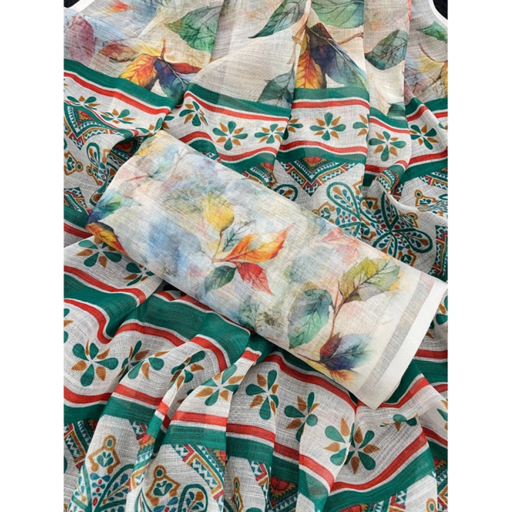 generic women's linen cotton printed saree with unstitched blouse 5.5mtr (green) generic women's linen cotton printed saree with unstitched blouse 5.5mtr (green)