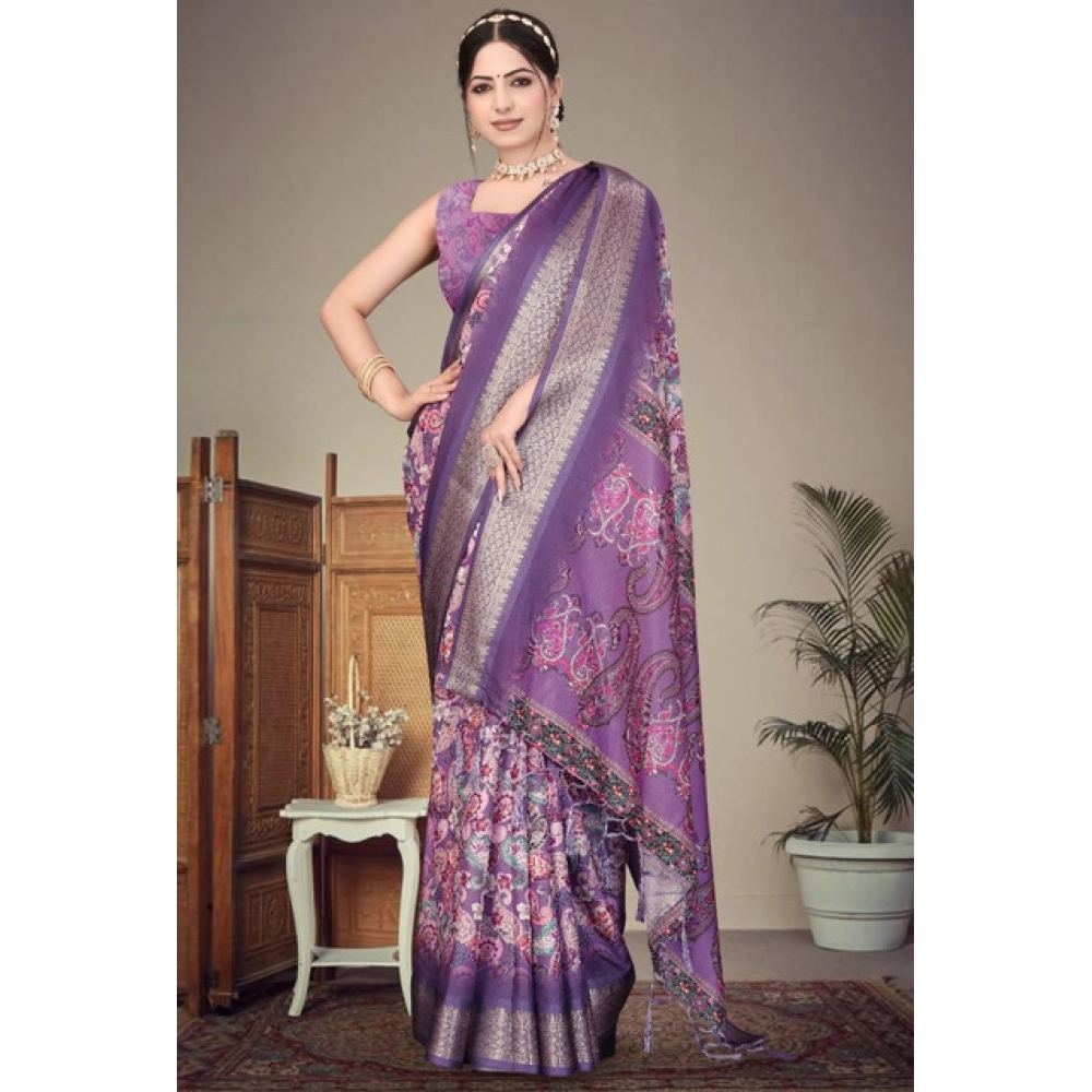 generic women's cotton silk printed saree with unstitched blouse 5.5mtr (purple) generic women's cotton silk printed saree with unstitched blouse 5.5mtr (purple)