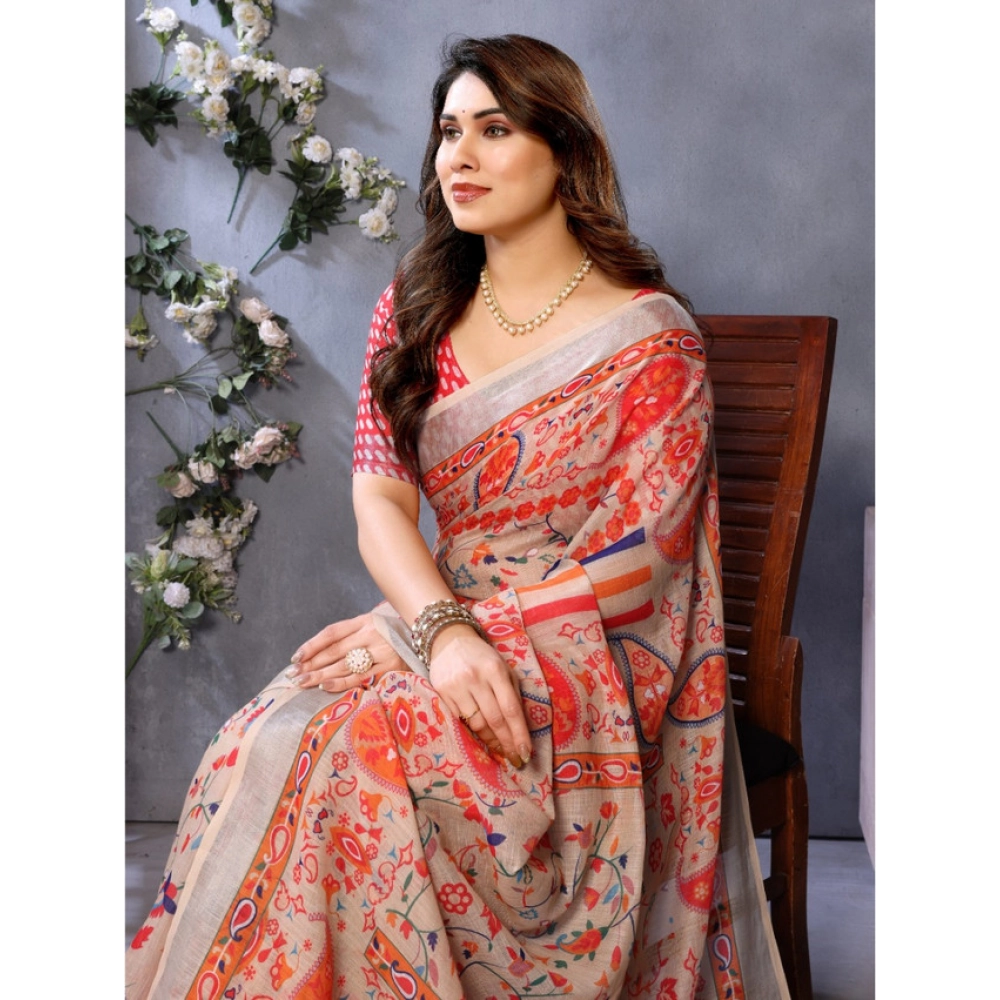 generic women's linen cotton printed saree with unstitched blouse 5.5mtr (orange ) generic women's linen cotton printed saree with unstitched blouse 5.5mtr (orange )
