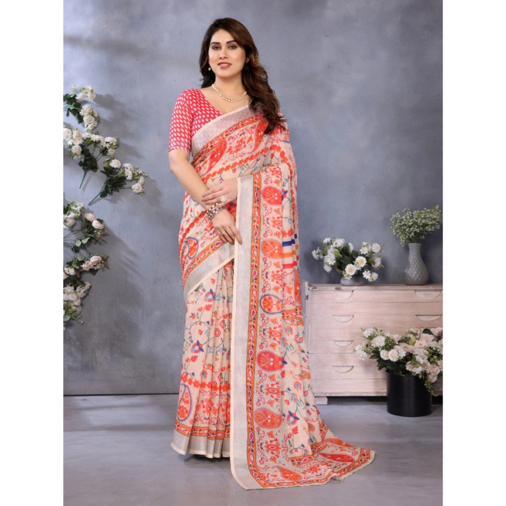 generic women's linen cotton printed saree with unstitched blouse 5.5mtr (orange ) generic women's linen cotton printed saree with unstitched blouse 5.5mtr (orange )
