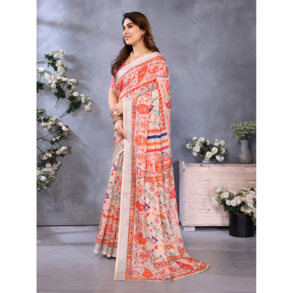 generic women's linen cotton printed saree with unstitched blouse 5.5mtr (orange ) generic women's linen cotton printed saree with unstitched blouse 5.5mtr (orange )