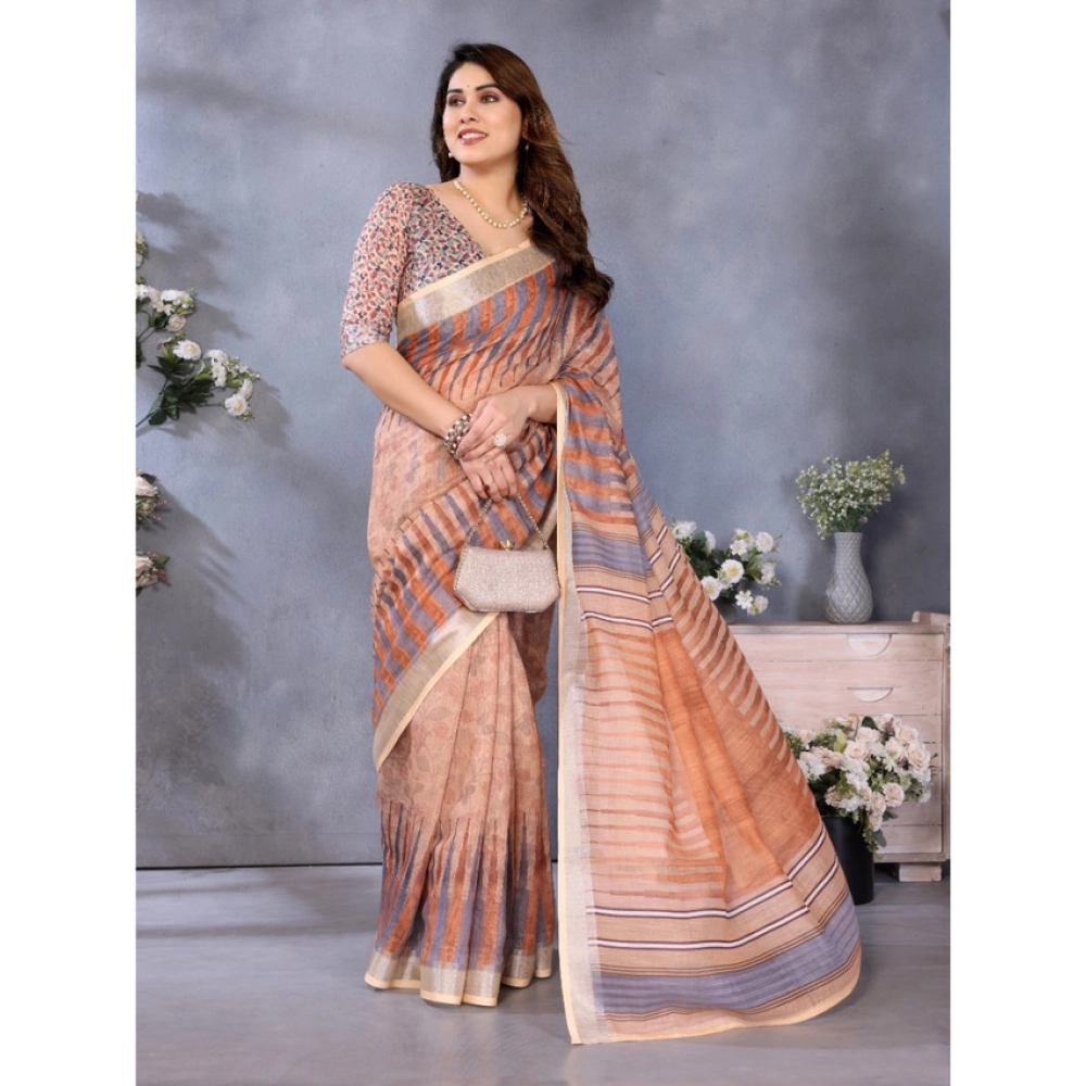 generic women's linen cotton printed saree with unstitched blouse 5.5mtr (brown) generic women's linen cotton printed saree with unstitched blouse 5.5mtr (brown)