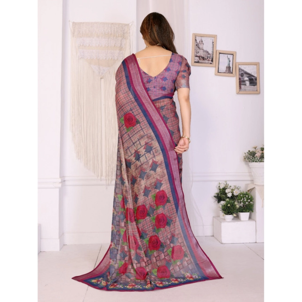 generic women's linen cotton printed saree with unstitched blouse 5.5mtr (wine ) generic women's linen cotton printed saree with unstitched blouse 5.5mtr (wine )