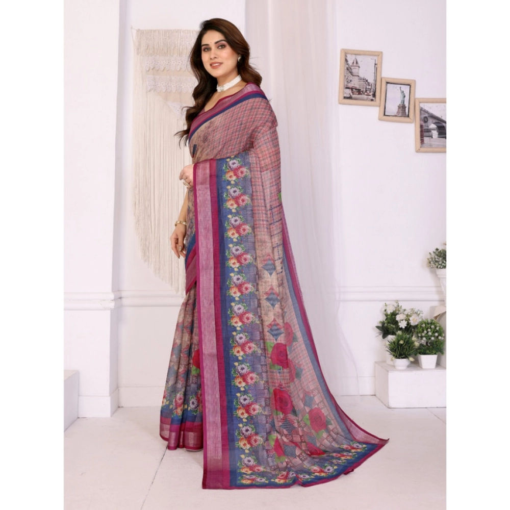 generic women's linen cotton printed saree with unstitched blouse 5.5mtr (wine ) generic women's linen cotton printed saree with unstitched blouse 5.5mtr (wine )