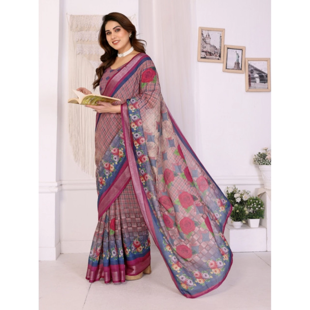 generic women's linen cotton printed saree with unstitched blouse 5.5mtr (wine ) generic women's linen cotton printed saree with unstitched blouse 5.5mtr (wine )