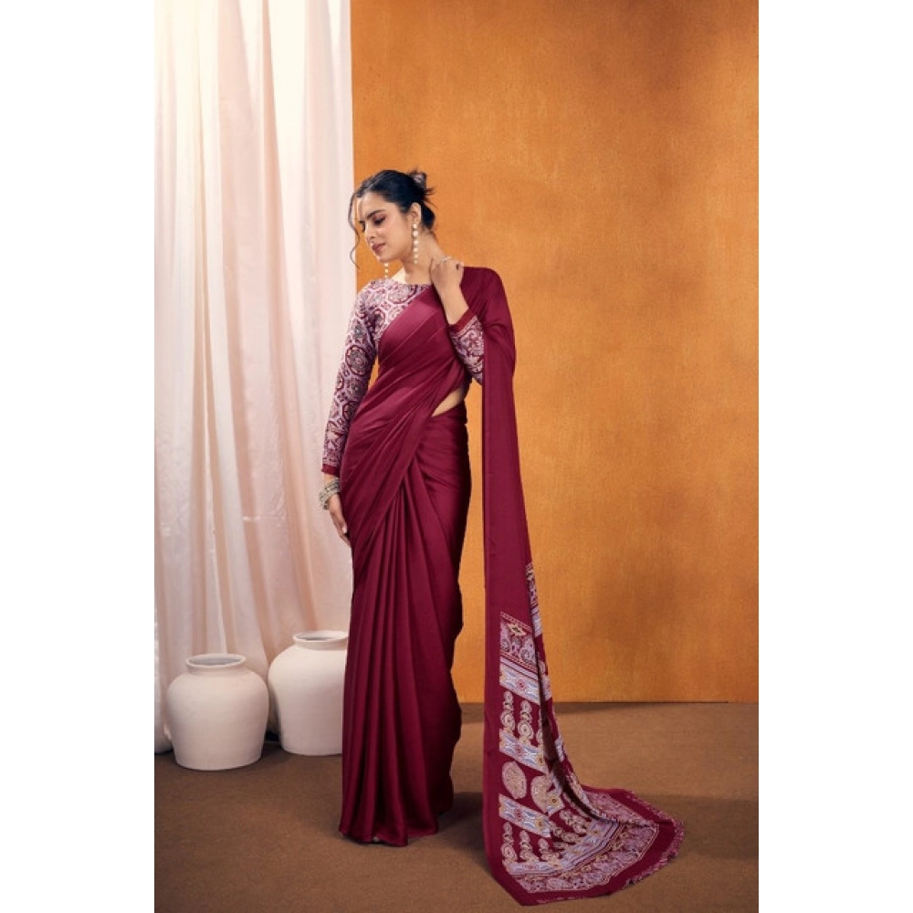 generic women's satin crepe printed saree with unstitched blouse 5.5mtr (maroon) generic women's satin crepe printed saree with unstitched blouse 5.5mtr (maroon)