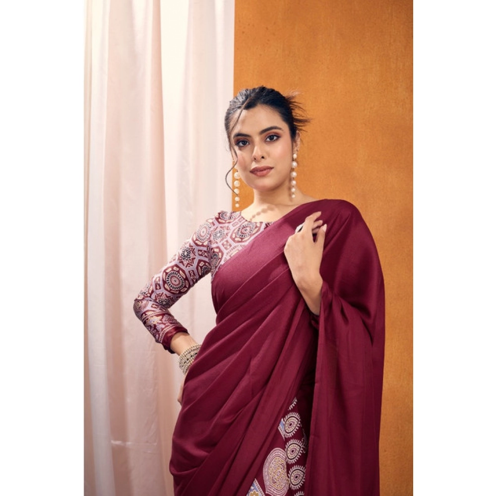 generic women's satin crepe printed saree with unstitched blouse 5.5mtr (maroon) generic women's satin crepe printed saree with unstitched blouse 5.5mtr (maroon)