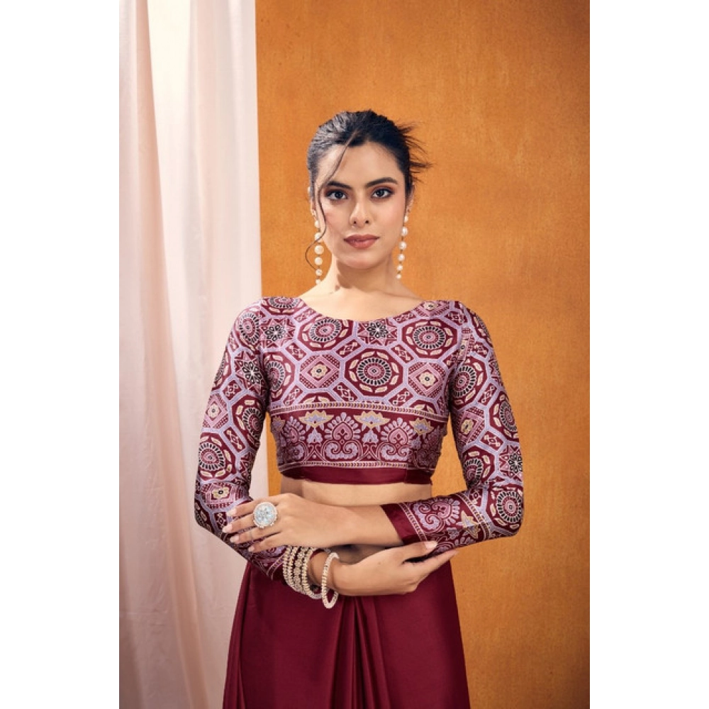 generic women's satin crepe printed saree with unstitched blouse 5.5mtr (maroon) generic women's satin crepe printed saree with unstitched blouse 5.5mtr (maroon)