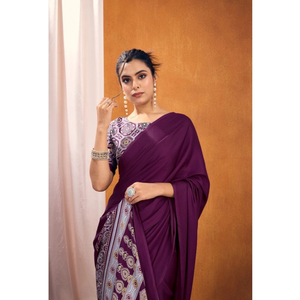 generic women's satin crepe printed saree with unstitched blouse 5.5mtr (purple) generic women's satin crepe printed saree with unstitched blouse 5.5mtr (purple)