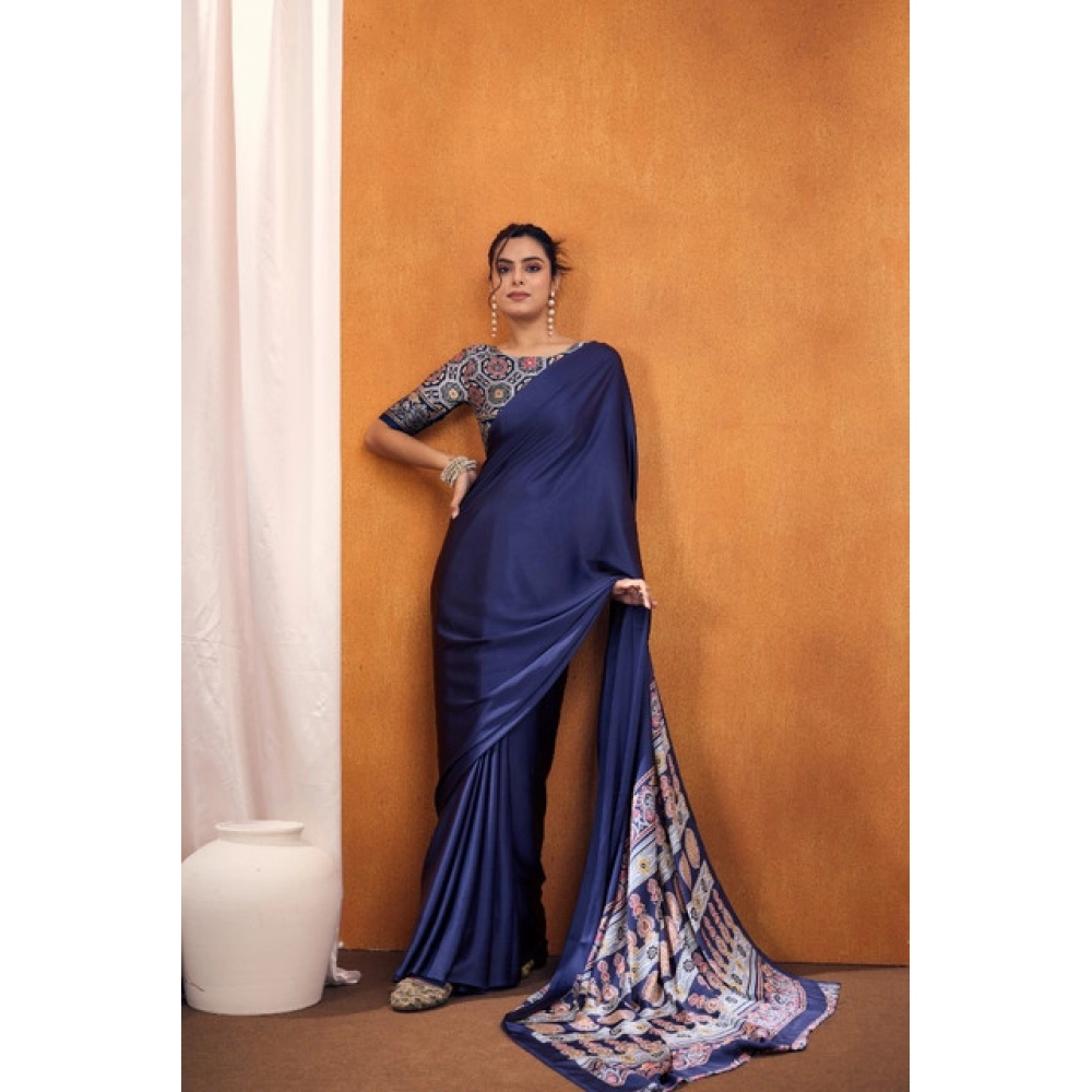 generic women's satin crepe printed saree with unstitched blouse 5.5mtr (navy blue) generic women's satin crepe printed saree with unstitched blouse 5.5mtr (navy blue)