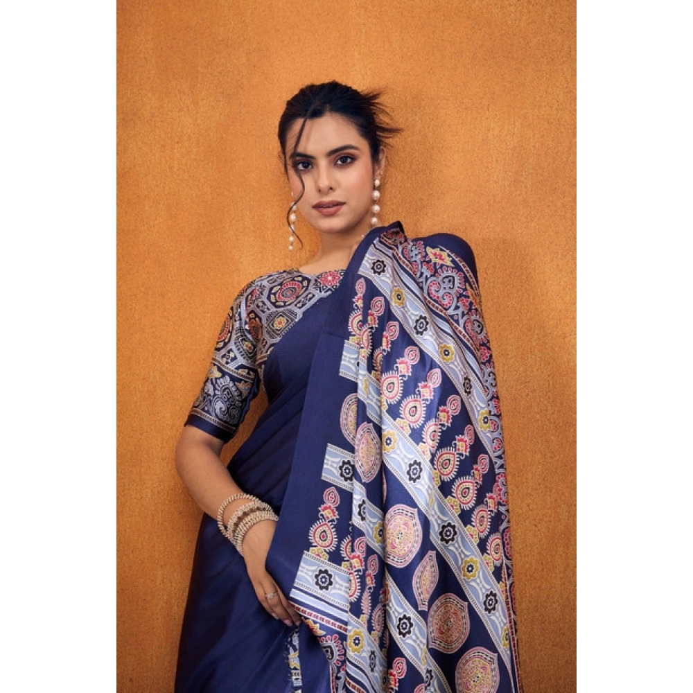 generic women's satin crepe printed saree with unstitched blouse 5.5mtr (navy blue) generic women's satin crepe printed saree with unstitched blouse 5.5mtr (navy blue)