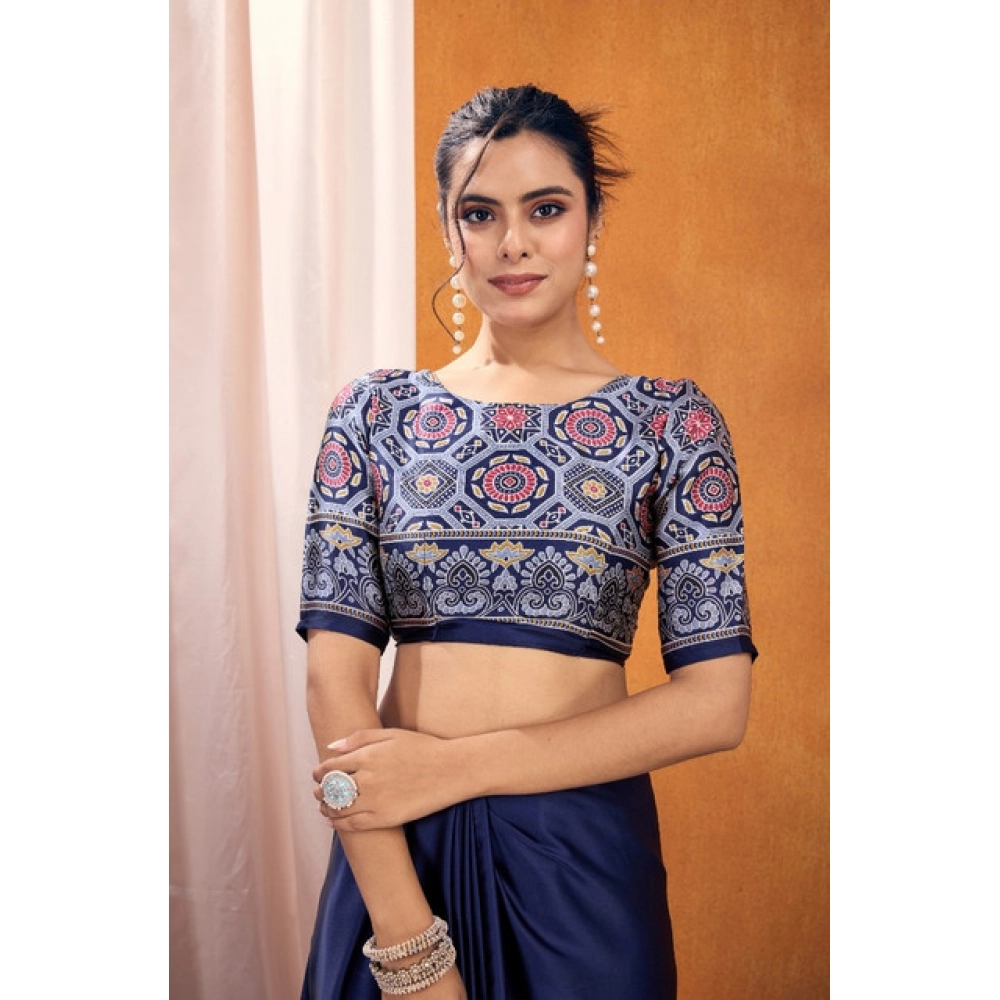 generic women's satin crepe printed saree with unstitched blouse 5.5mtr (navy blue) generic women's satin crepe printed saree with unstitched blouse 5.5mtr (navy blue)