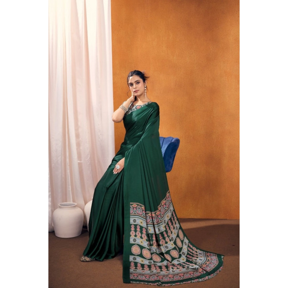 generic women's satin crepe printed saree with unstitched blouse 5.5mtr (bottle green) generic women's satin crepe printed saree with unstitched blouse 5.5mtr (bottle green)