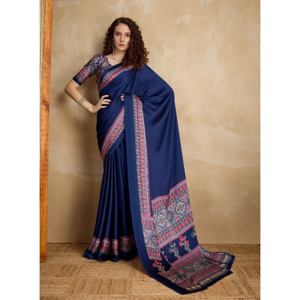 generic women's satin crepe printed saree with unstitched blouse 5.5mtr (navy blue) generic women's satin crepe printed saree with unstitched blouse 5.5mtr (navy blue)