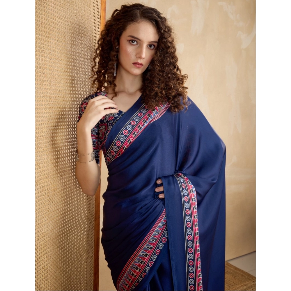 generic women's satin crepe printed saree with unstitched blouse 5.5mtr (navy blue) generic women's satin crepe printed saree with unstitched blouse 5.5mtr (navy blue)