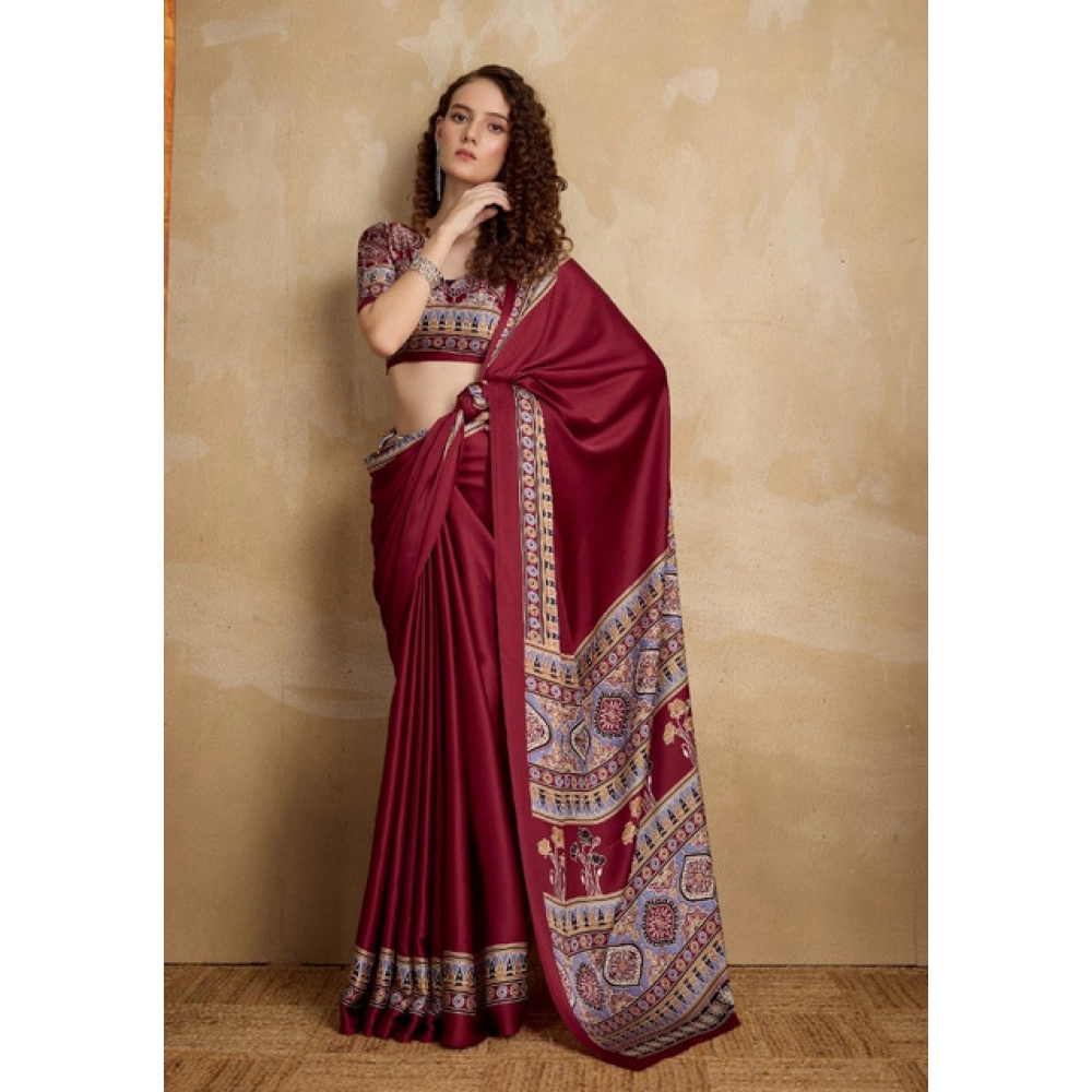 generic women's satin crepe printed saree with unstitched blouse 5.5mtr (maroon) generic women's satin crepe printed saree with unstitched blouse 5.5mtr (maroon)