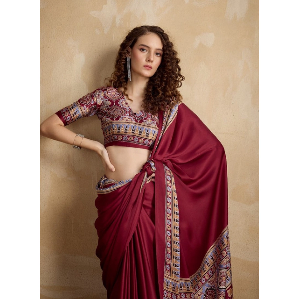 generic women's satin crepe printed saree with unstitched blouse 5.5mtr (maroon) generic women's satin crepe printed saree with unstitched blouse 5.5mtr (maroon)