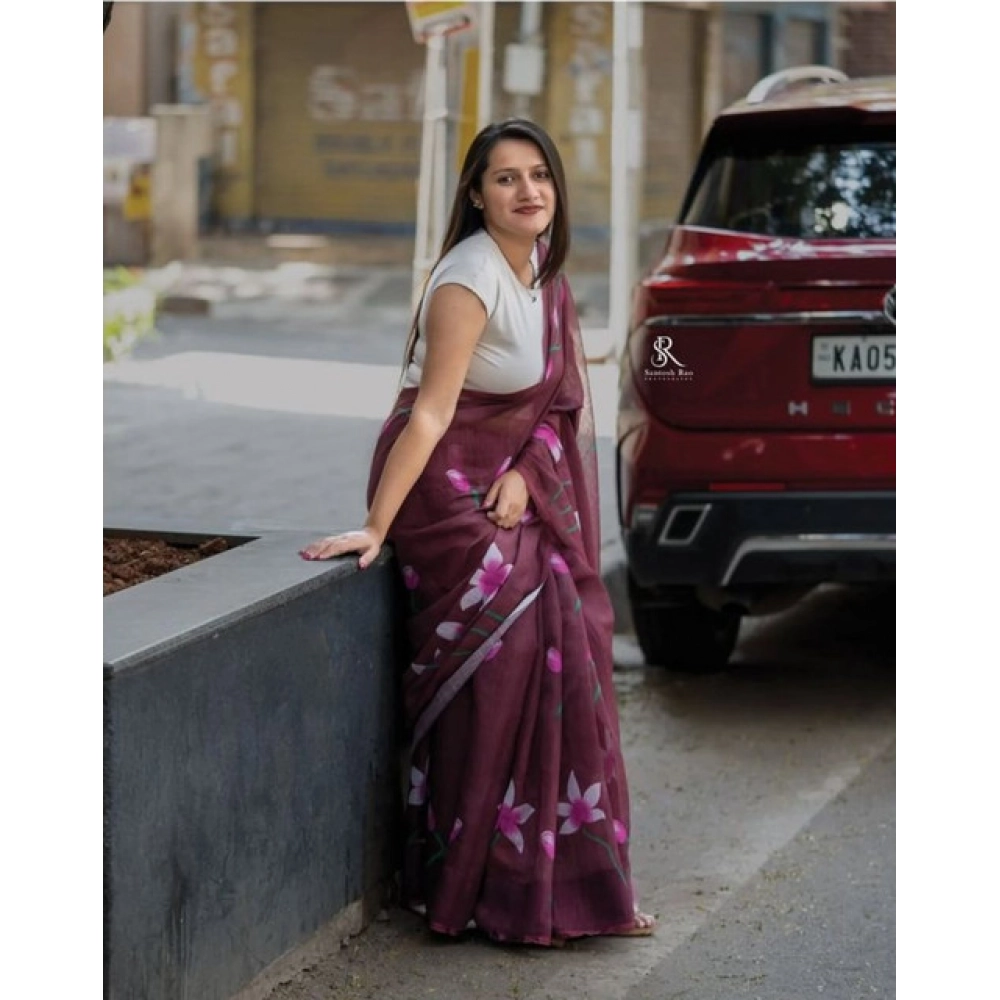 generic women's linen printed saree with unstitched blouse 5.5mtr (brown) generic women's linen printed saree with unstitched blouse 5.5mtr (brown)