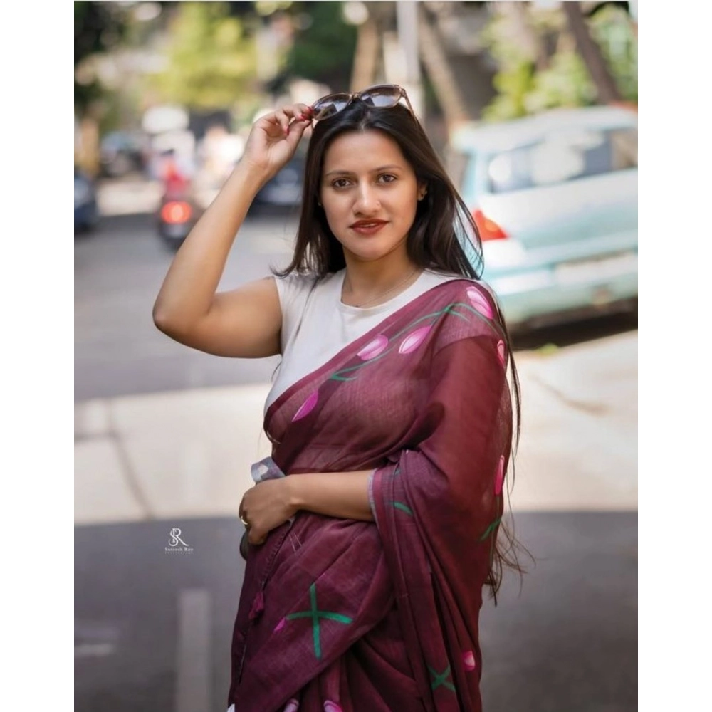 generic women's linen printed saree with unstitched blouse 5.5mtr (brown) generic women's linen printed saree with unstitched blouse 5.5mtr (brown)