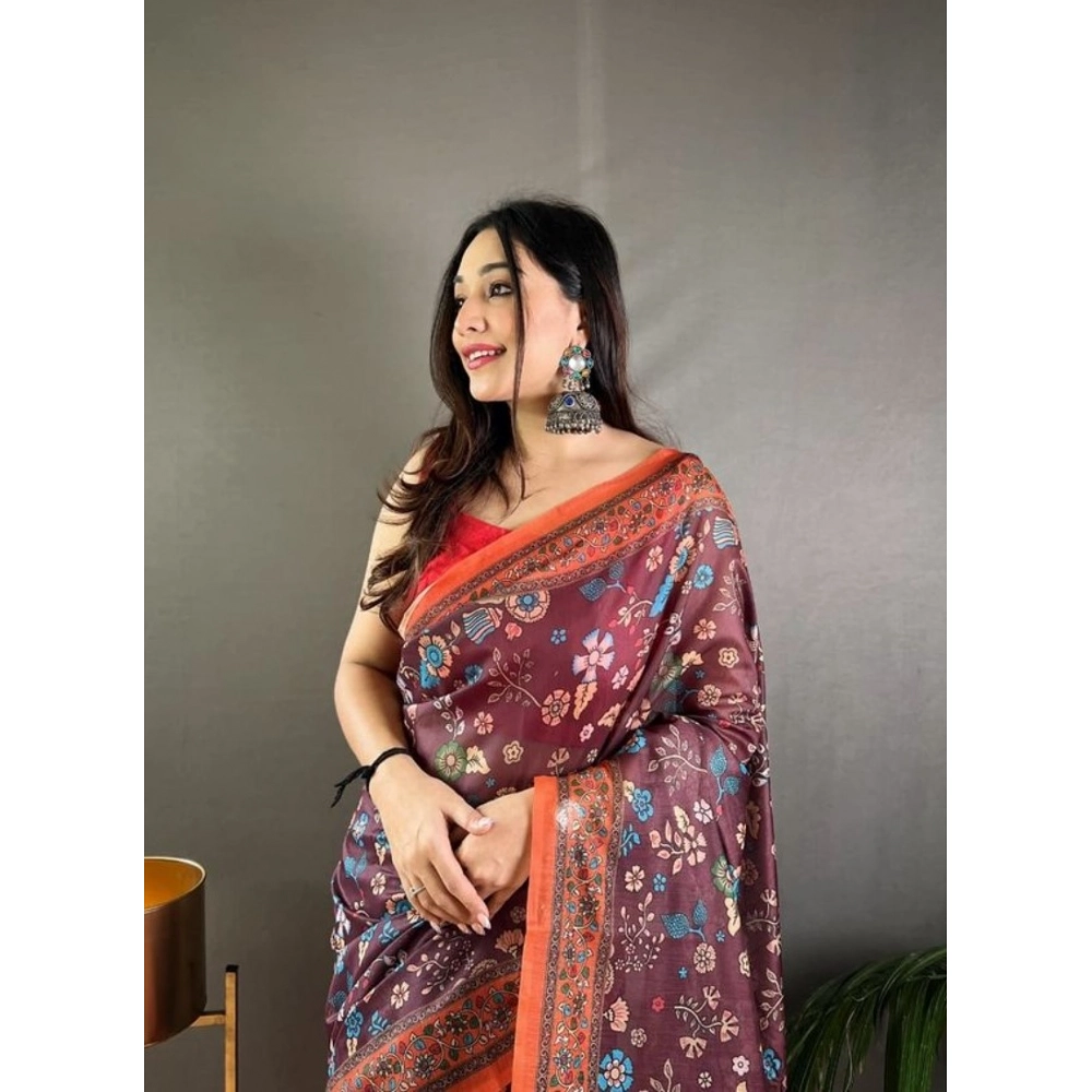 generic women's linen printed saree with unstitched blouse 5.5mtr (brown) generic women's linen printed saree with unstitched blouse 5.5mtr (brown)