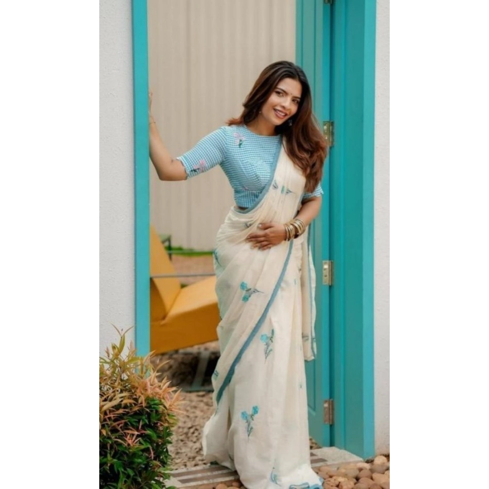 generic women's linen printed saree with unstitched blouse 5.5mtr (white) generic women's linen printed saree with unstitched blouse 5.5mtr (white)