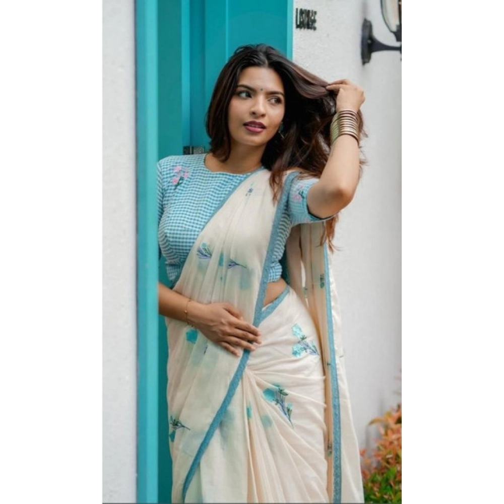 generic women's linen printed saree with unstitched blouse 5.5mtr (white) generic women's linen printed saree with unstitched blouse 5.5mtr (white)