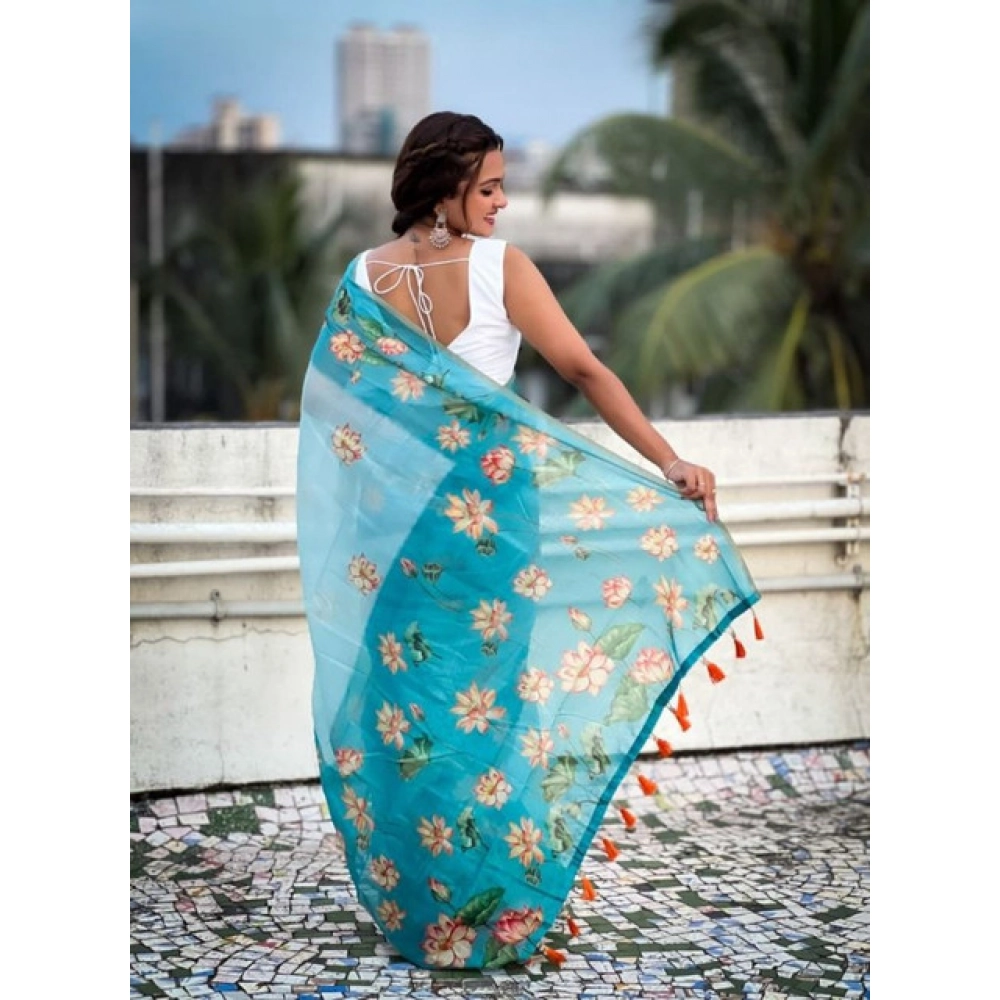generic women's linen printed saree with unstitched blouse 5.5mtr (aqua) generic women's linen printed saree with unstitched blouse 5.5mtr (aqua)
