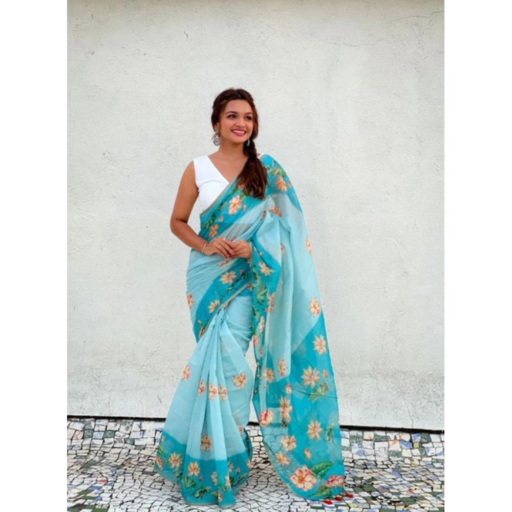generic women's linen printed saree with unstitched blouse 5.5mtr (aqua) generic women's linen printed saree with unstitched blouse 5.5mtr (aqua)