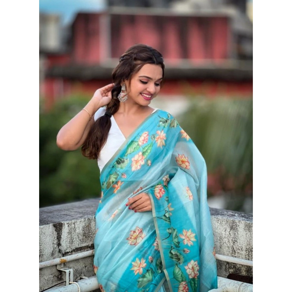 generic women's linen printed saree with unstitched blouse 5.5mtr (aqua) generic women's linen printed saree with unstitched blouse 5.5mtr (aqua)