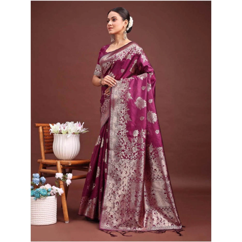 generic women's banarasi silk printed saree with unstitched blouse 5.5mtr (purple) generic women's banarasi silk printed saree with unstitched blouse 5.5mtr (purple)