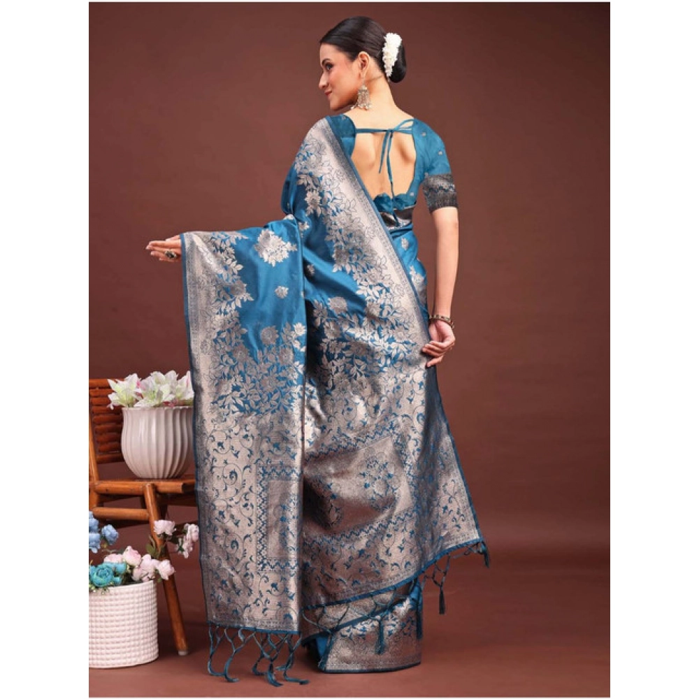 generic women's banarasi silk printed saree with unstitched blouse 5.5mtr (teal blue) generic women's banarasi silk printed saree with unstitched blouse 5.5mtr (teal blue)