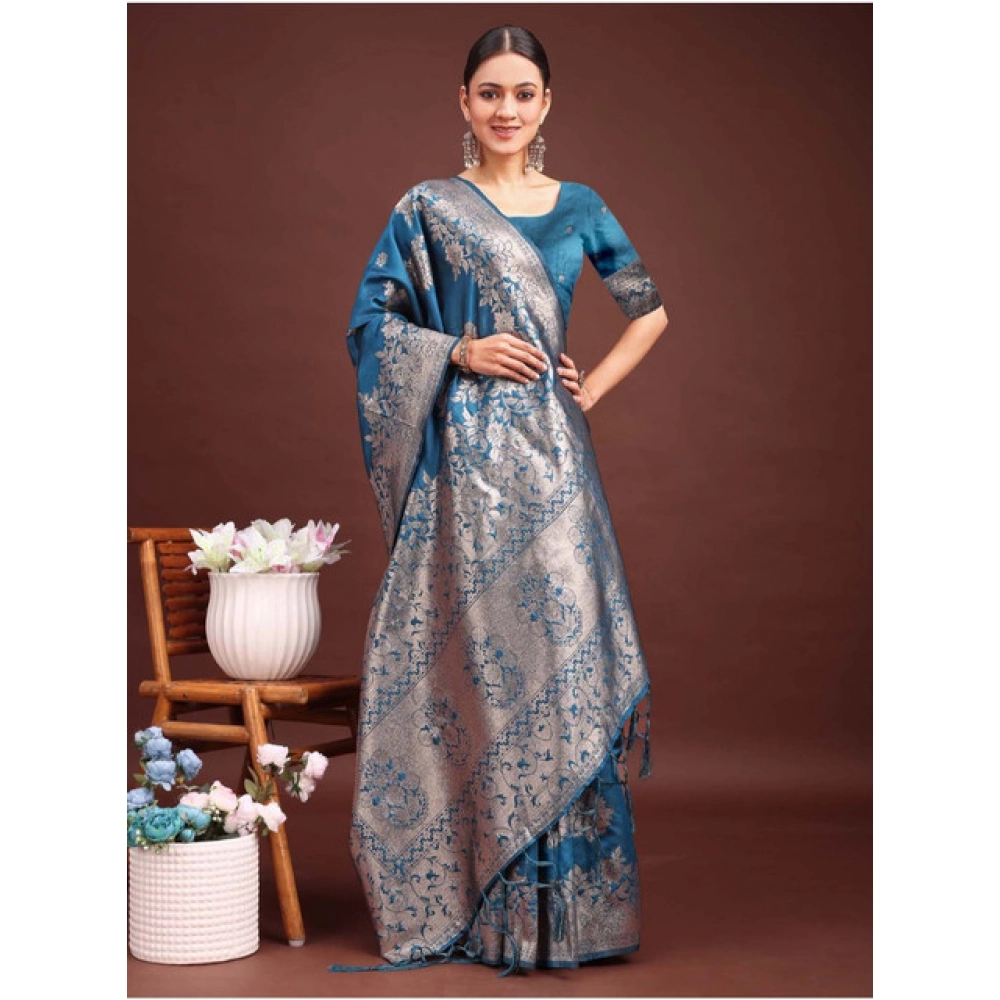generic women's banarasi silk printed saree with unstitched blouse 5.5mtr (teal blue) generic women's banarasi silk printed saree with unstitched blouse 5.5mtr (teal blue)