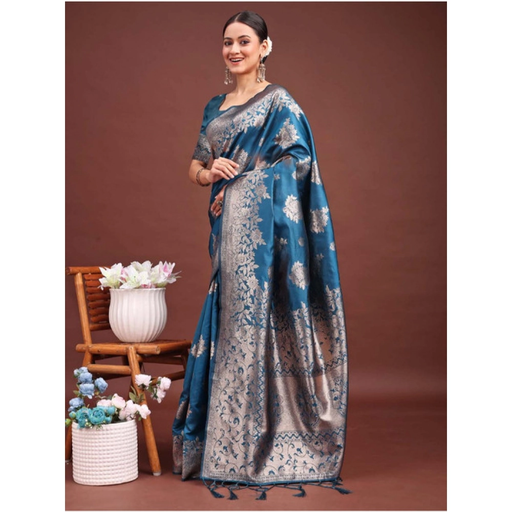 generic women's banarasi silk printed saree with unstitched blouse 5.5mtr (teal blue) generic women's banarasi silk printed saree with unstitched blouse 5.5mtr (teal blue)