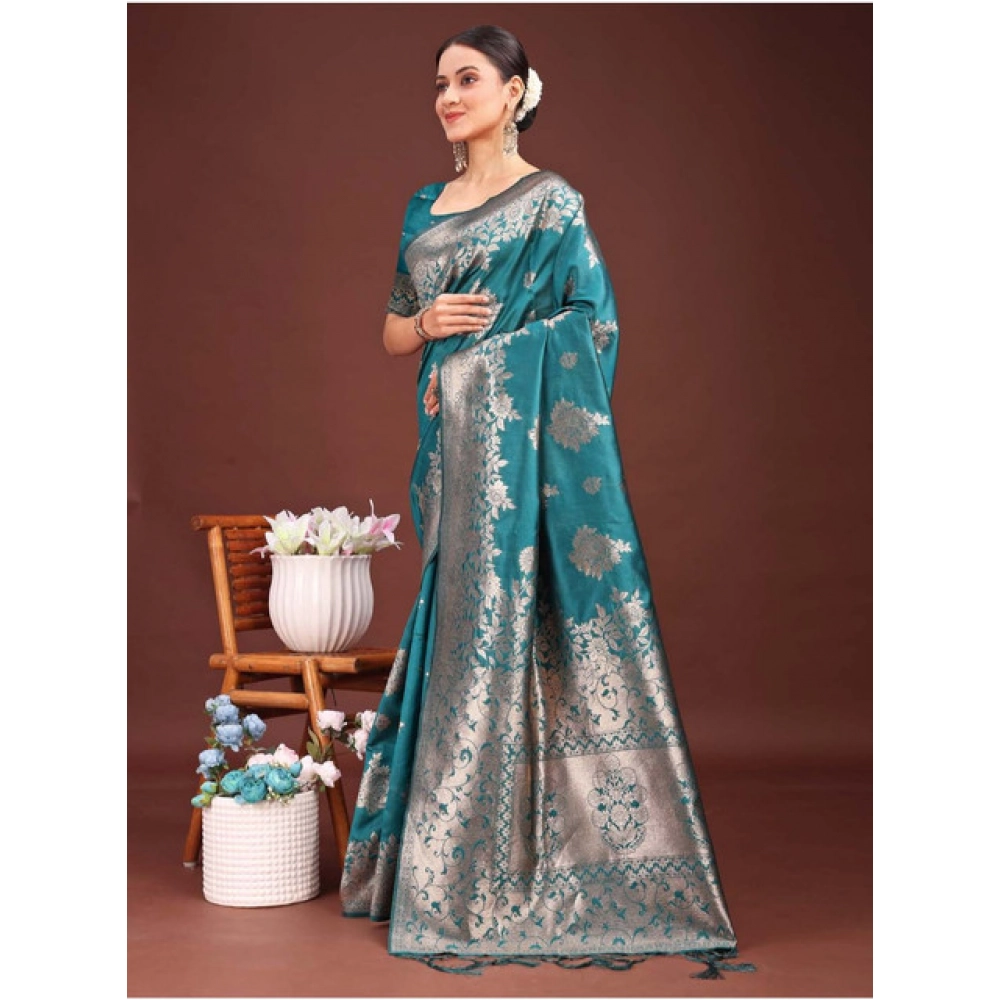 generic women's banarasi silk printed saree with unstitched blouse 5.5mtr (sea green) generic women's banarasi silk printed saree with unstitched blouse 5.5mtr (sea green)