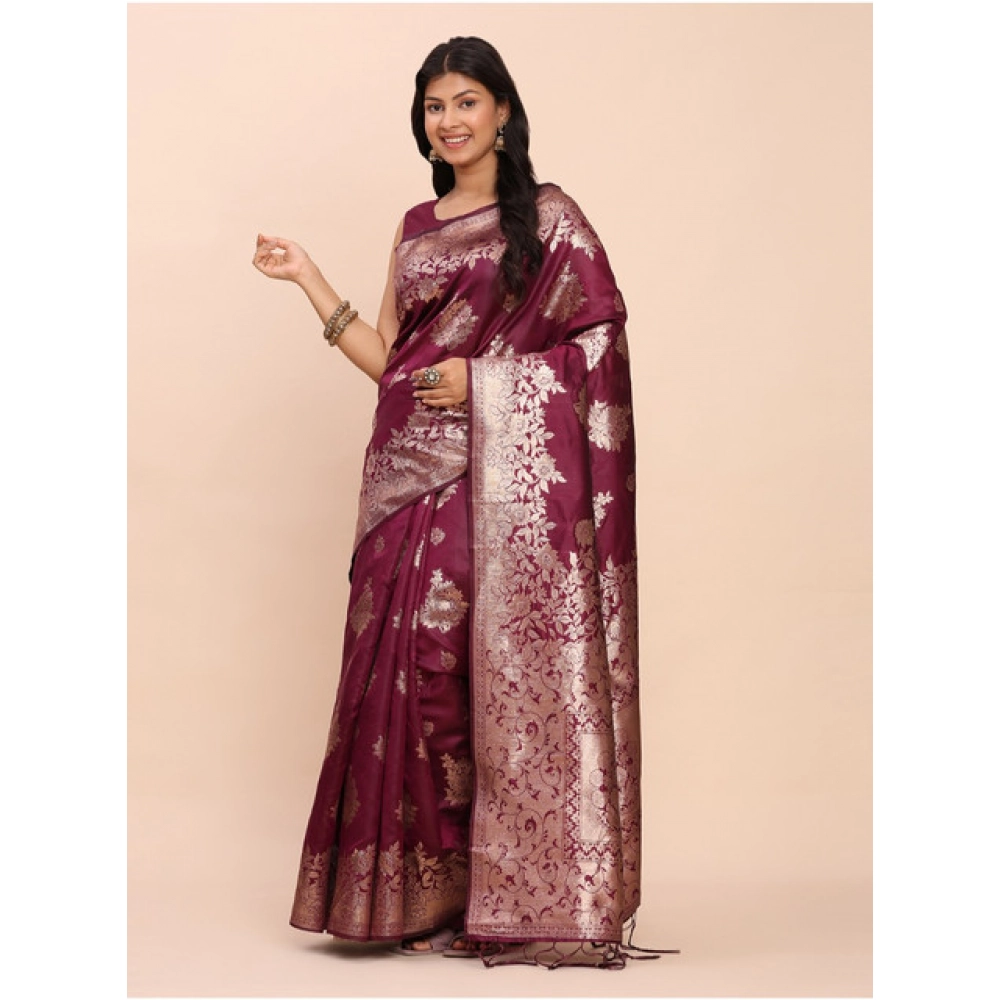 generic women's banarasi silk printed saree with unstitched blouse 5.5mtr (purple) generic women's banarasi silk printed saree with unstitched blouse 5.5mtr (purple)