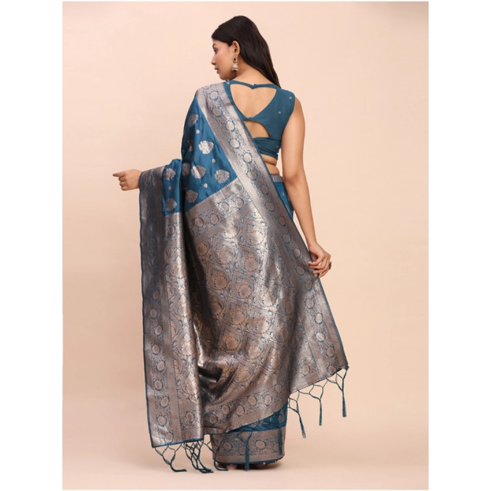 generic women's banarasi silk printed saree with unstitched blouse 5.5mtr (teal blue) generic women's banarasi silk printed saree with unstitched blouse 5.5mtr (teal blue)