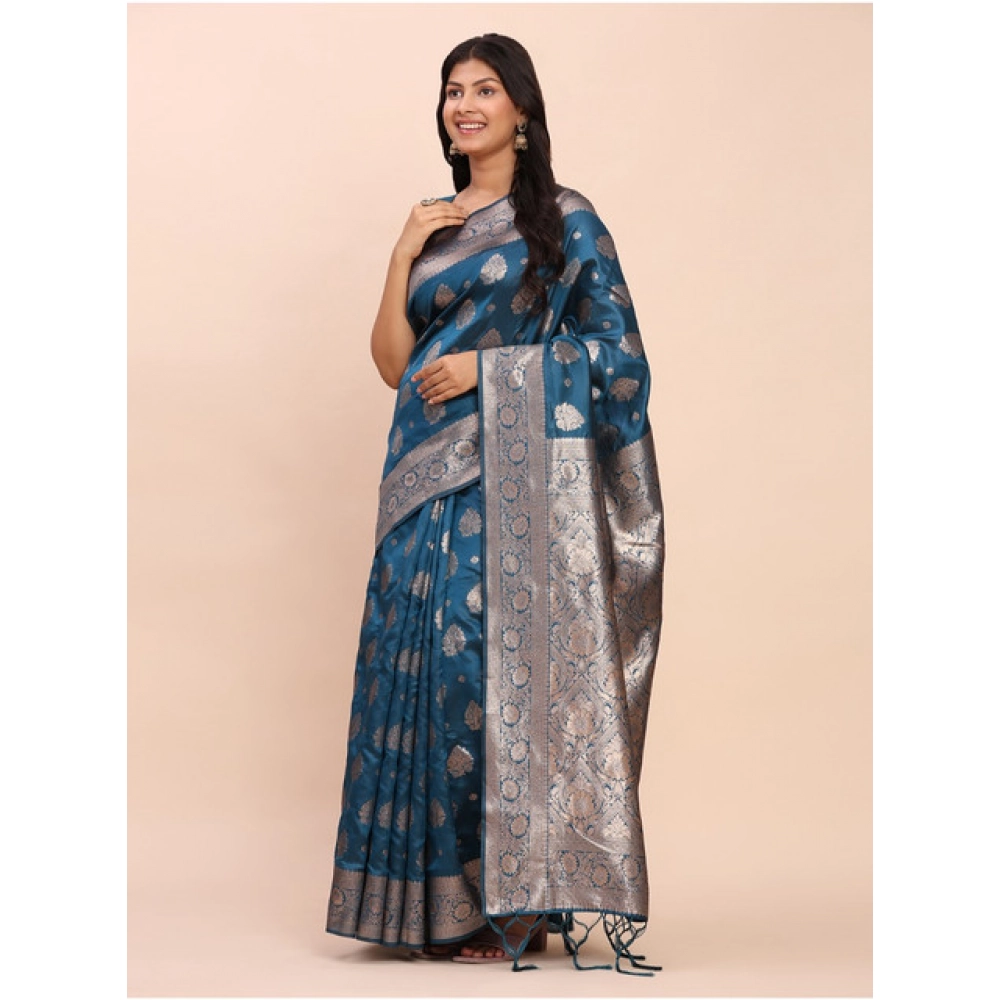 generic women's banarasi silk printed saree with unstitched blouse 5.5mtr (teal blue) generic women's banarasi silk printed saree with unstitched blouse 5.5mtr (teal blue)